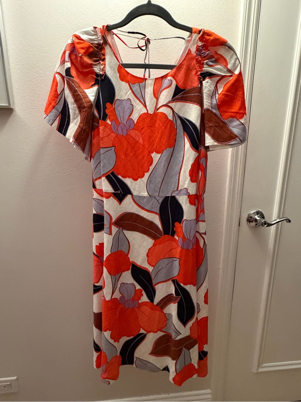 Ann Taylor Orange Floral Puff-Sleeve Linen Dress